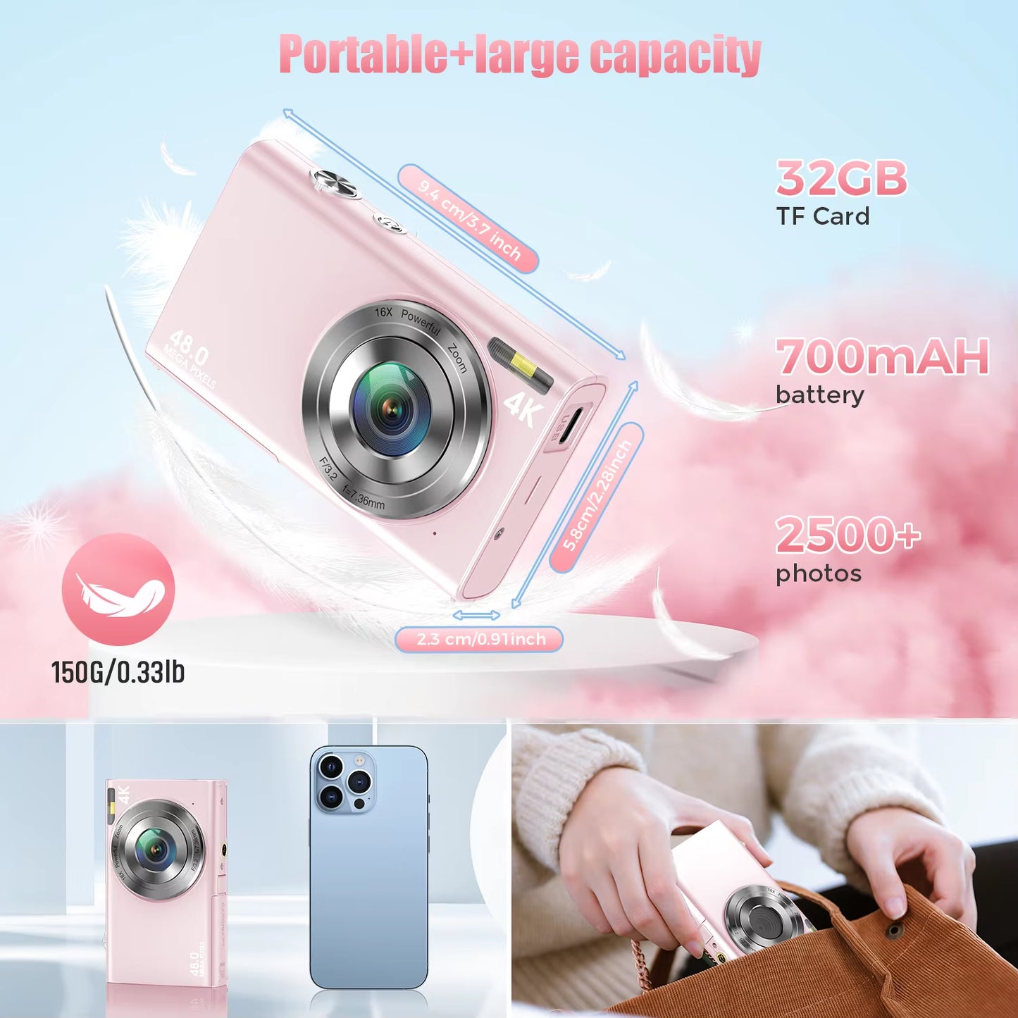 HD 4K Digital Camera 48MP with 16X Zoom Autofocus LED Fill Light and IPS Display Camera for Vlogging Photography